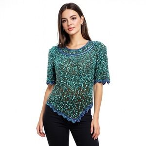 Laurence Kazar Shirt Women Vintage Purple Green Sequin Beaded Top Silk Blouse